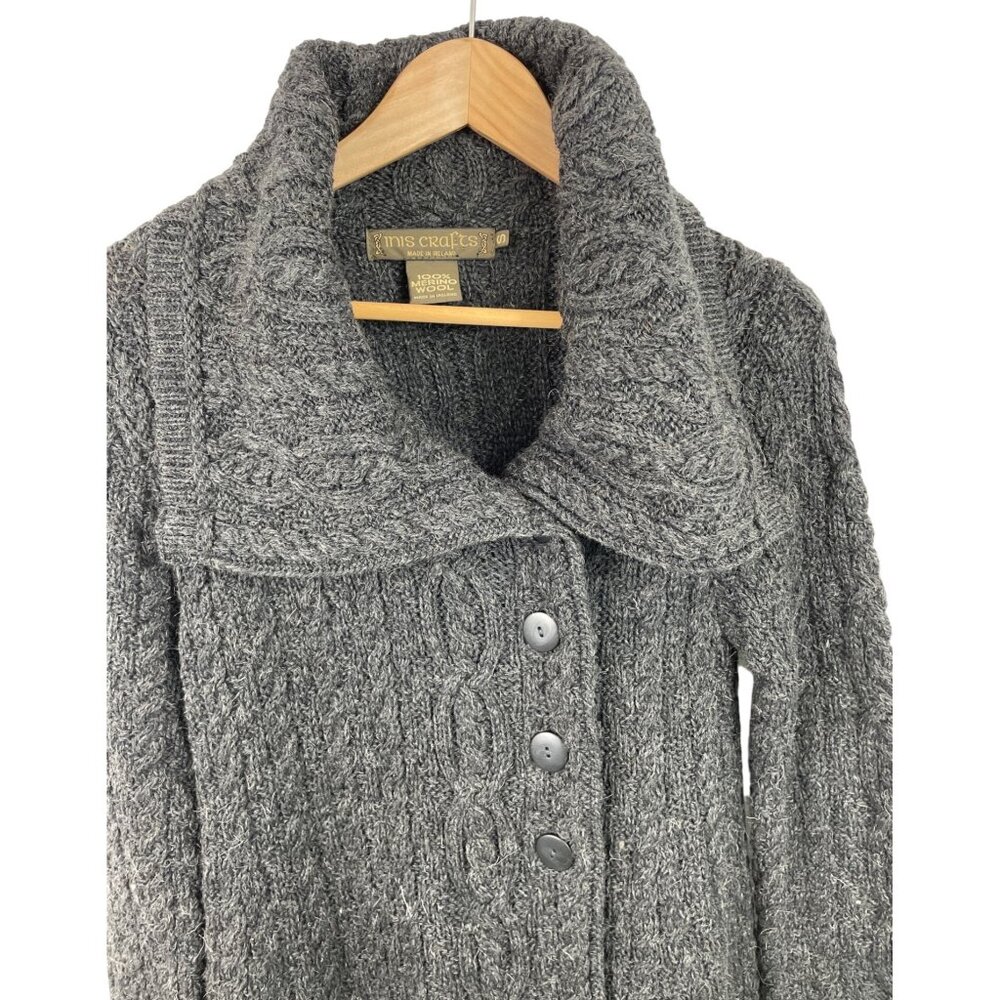 Irish Crafts Gray Cable Knit Long Button Up Cardigan Sweater Womens Size Small - Picture 3 of 9